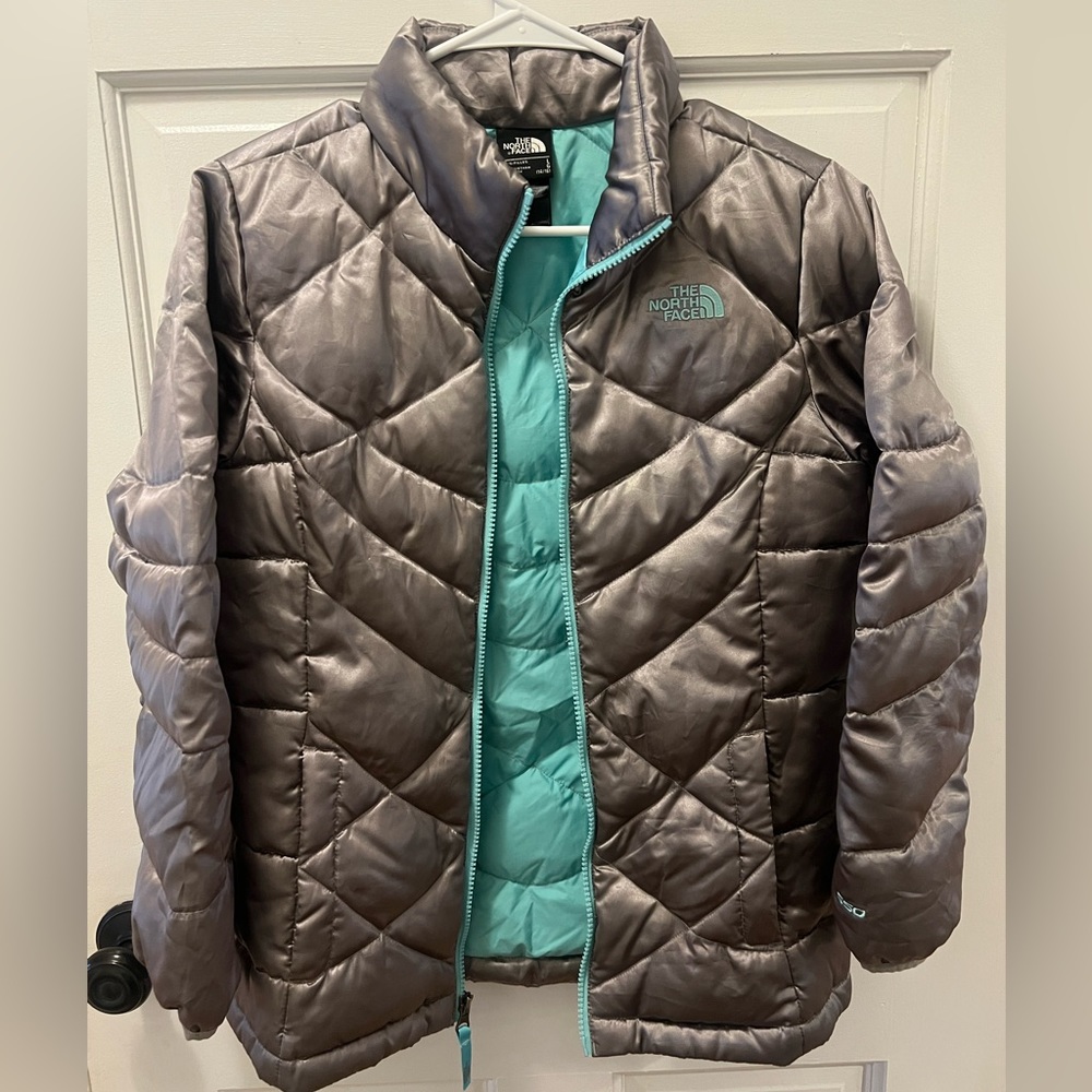 Silver and teal girls North Face Winter Jacket